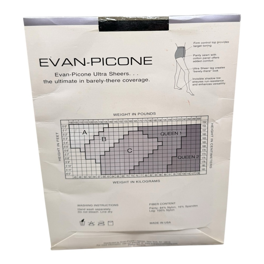 Evan-Picone Ultra Sheer Control Top Pantyhose Jet Black Size B Shadow Toe - Picture 2 of 2